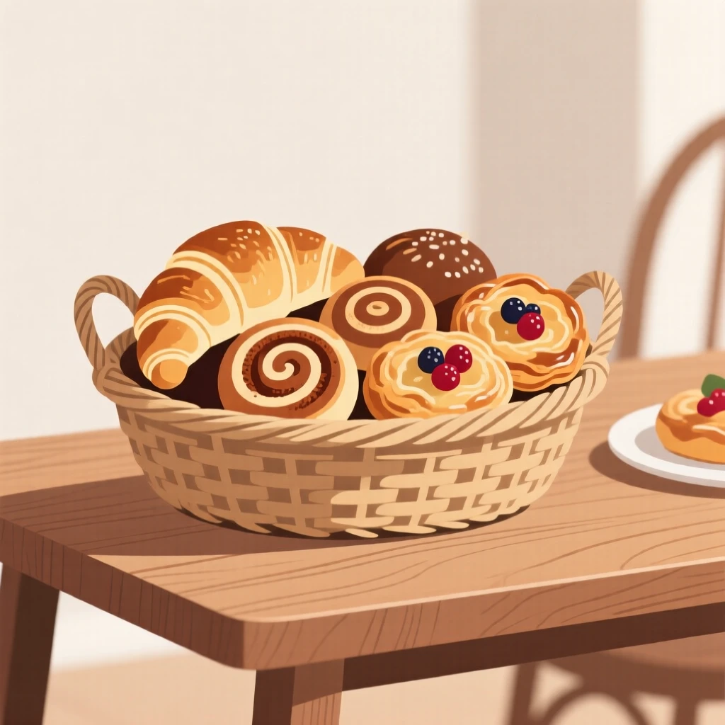 A basket of fresh pastries beautifully displayed on a wooden table at a holiday feast.