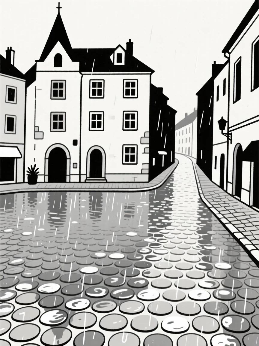 A journey through an European old town square toward an old cobblestone alley, passing cobblestone streets glistening with rain, full of cultural wonder.