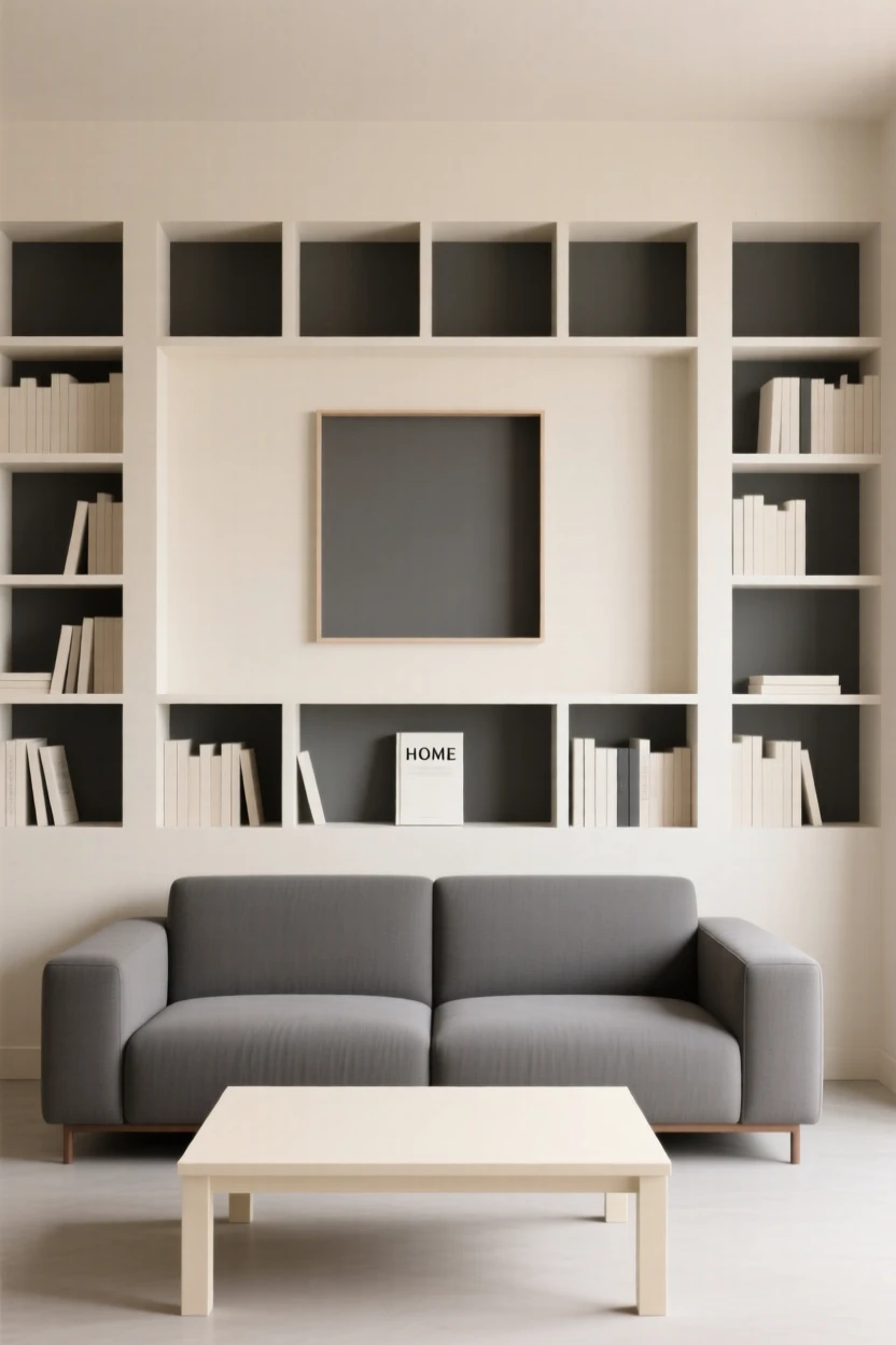 A living room with built-in bookshelves