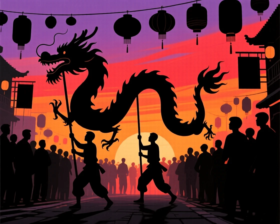 A dragon dance winding through a crowded, lantern-lit street.