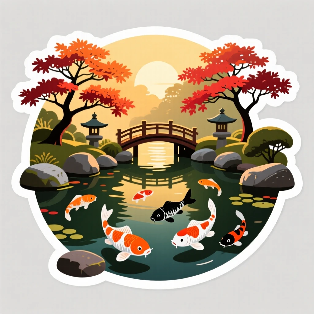 A richly colored serene Japanese garden with a koi pond, bathed in golden hour light, during the quiet hours of early morning.