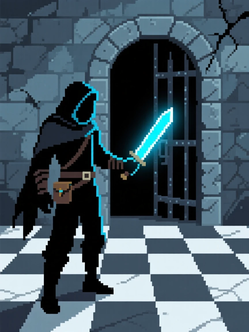 A rogue with a glowing dagger standing before the entrance to a hidden dungeon, on a checkerboard battlefield of tiles.