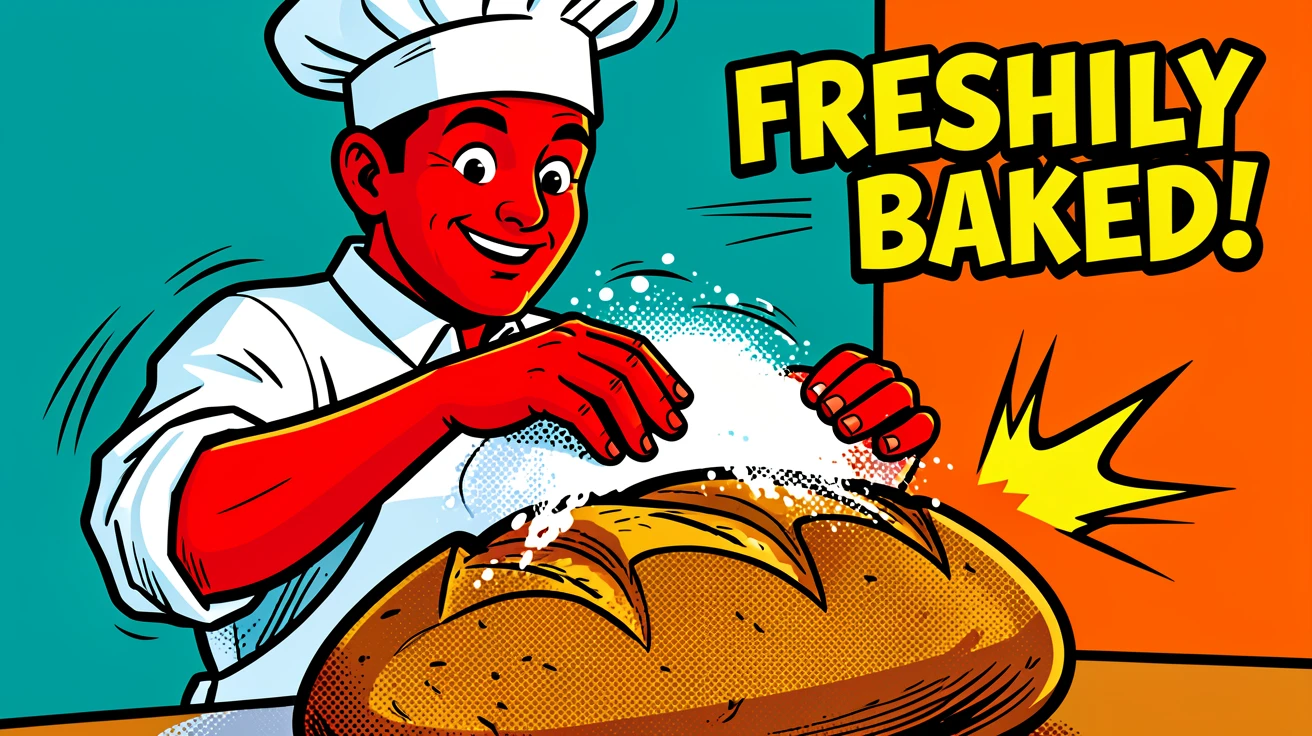 A baker dusting flour over a fresh loaf of bread