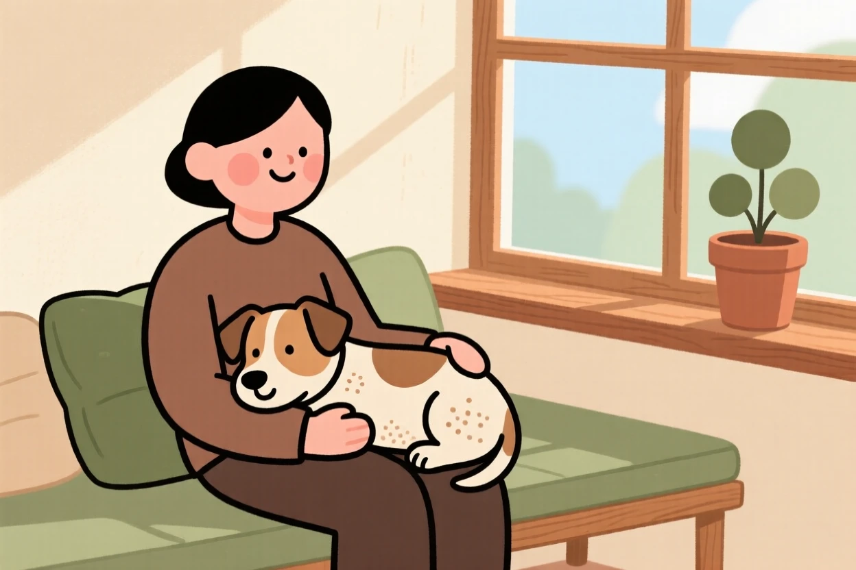 A small terrier rests its head on its owner's lap during a quiet Sunday afternoon on the window seat, both perfectly content.