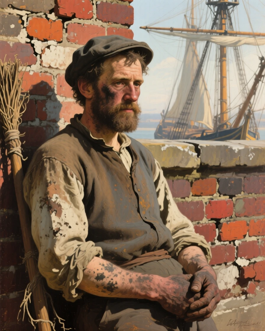 A close-up portrait of a chimney sweep resting against a brick wall, soot on his cheeks, in the age of sailing ships, at midday.