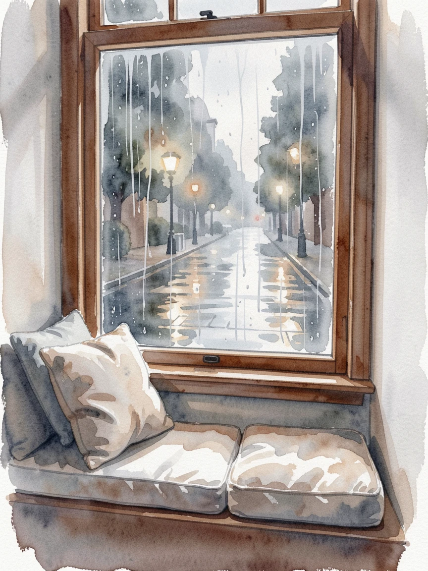 A window seat overlooking a rainy street with rain visible through the window.
