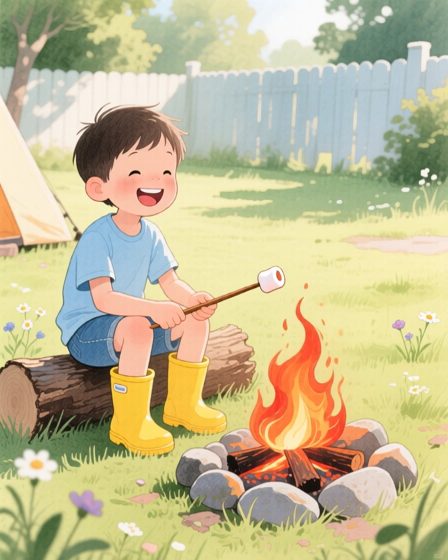 A young boy in rain boots roasts marshmallows over a campfire in a sunlit backyard, laughter and joy filling the warm afternoon air