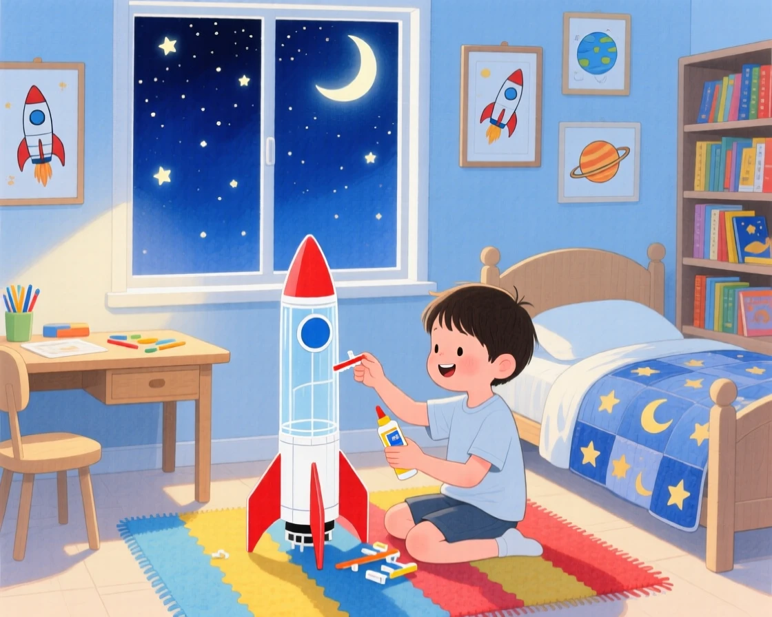 An imaginative scene of a child building a model rocket in a starlit bedroom.