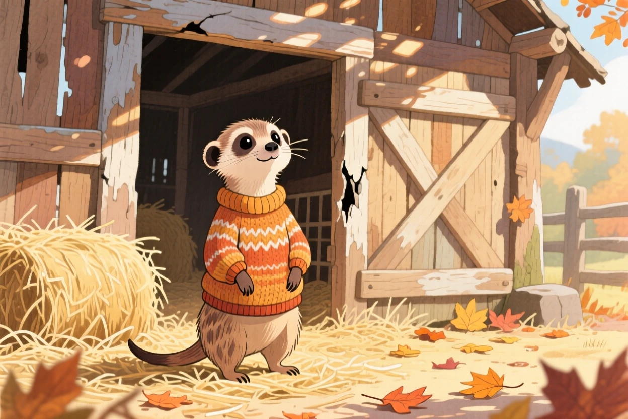 A curious meerkat wearing a tiny knitted sweater on a crisp autumn day, set in a rustic barn filled with soft hay, capturing a fleeting moment of quiet contentment.