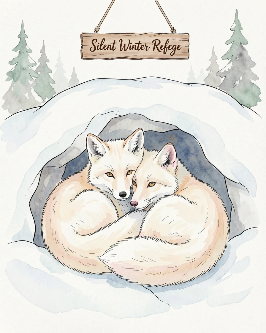 A pair of arctic foxes curled together in a snowy den, a stillness in the air broken only by distant birdsong.