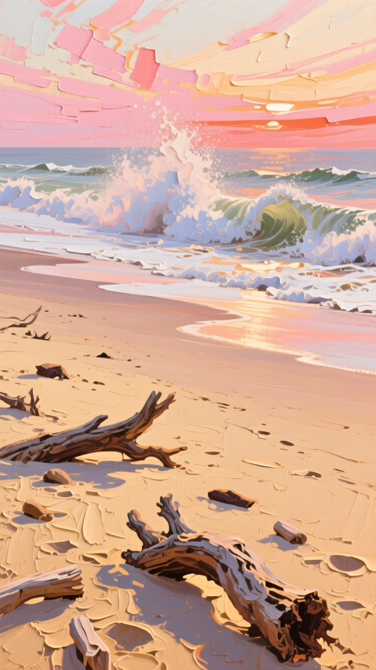 Beside a scattering of smooth driftwood, a wide, empty sandy beach, sea spray catching the light above the crashing surf, at sunrise, the sky streaked with soft pink and orange.