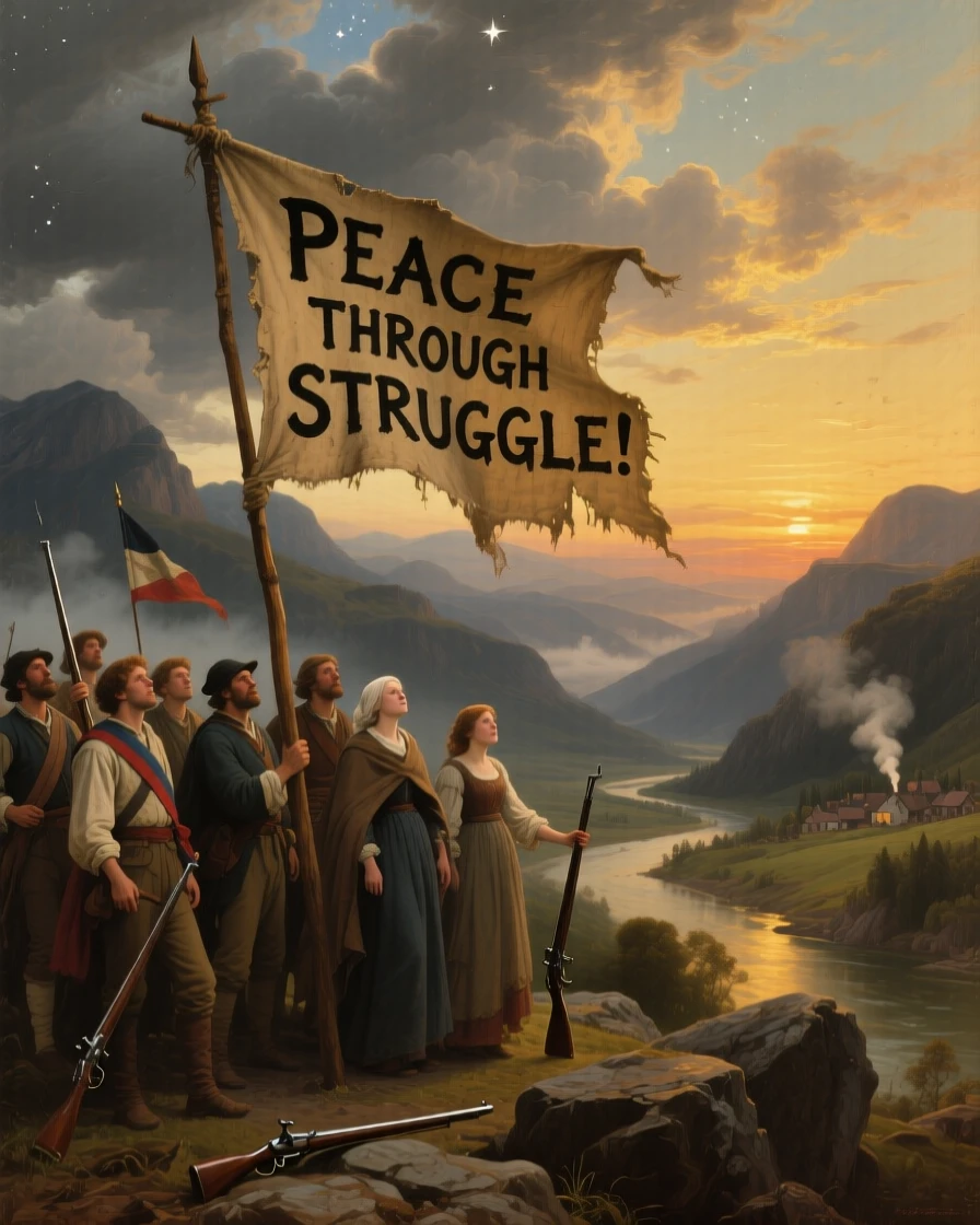 A band of revolutionaries gathers before a hard-won peace beneath a banner held high.