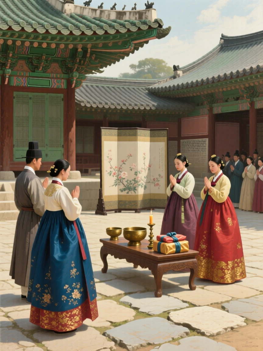 A traditional Korean hanbok ceremony held in a palace courtyard, with authentic textures and materials true to the historical period, designed to feel both historically authentic and visually striking