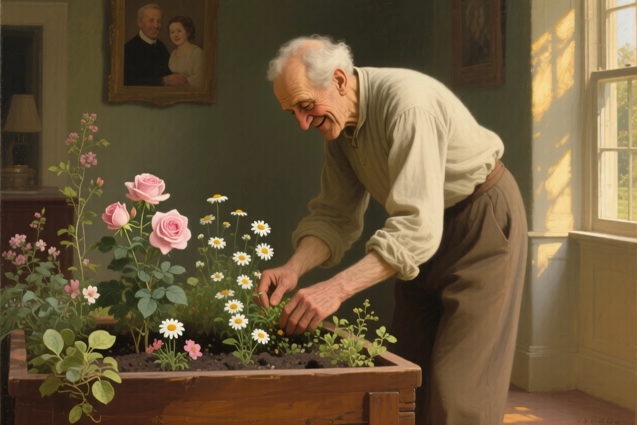An elderly man tending a garden his late wife once planted in a small, tender moment that says everything without words, set within a cozy home lit by late afternoon sun, with soft golden light catching genuine, unguarded smiles; warm, low light wraps the family in a comforting glow, filled with gentle joy and quiet devotion.