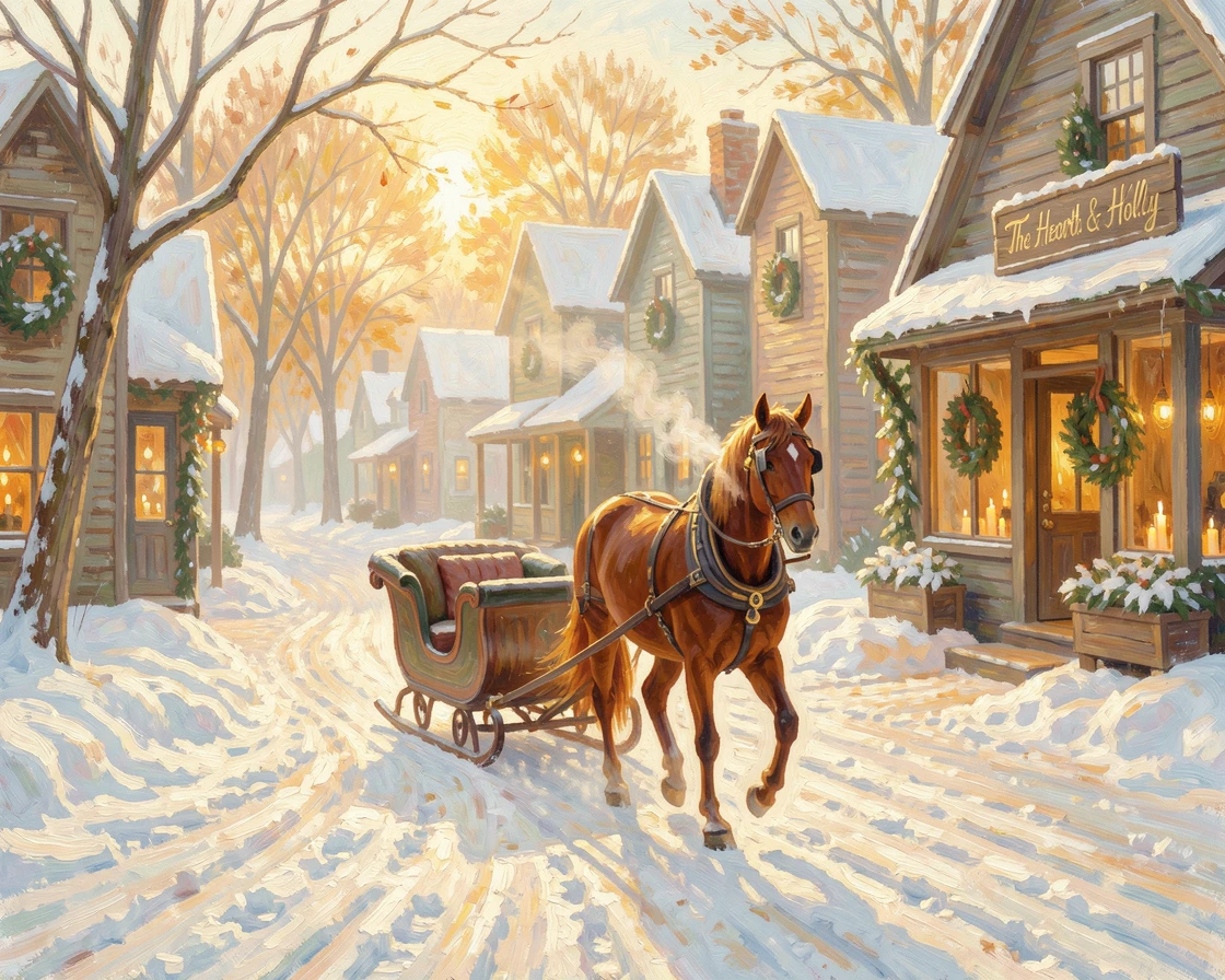 A horse-drawn sleigh gliding through a snow-covered village at Christmas, bells jingling softly, in the golden days of autumn, filled with warmth and nostalgia.