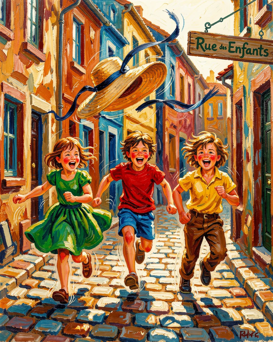 Children chasing a runaway hat down a windy cobblestone street, laughing as they go.