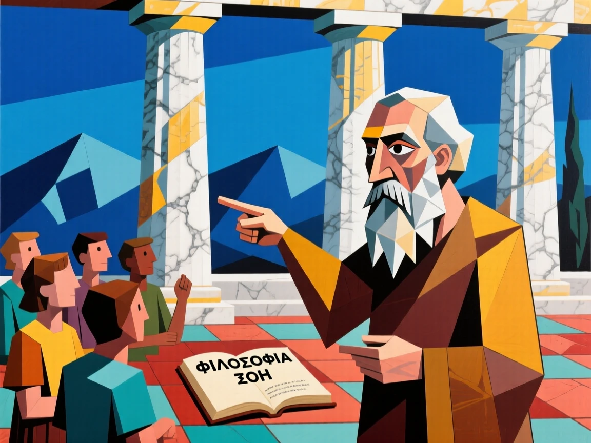 A vivid historical scene depicting an ancient Greek philosopher teaching students beneath marble columns.