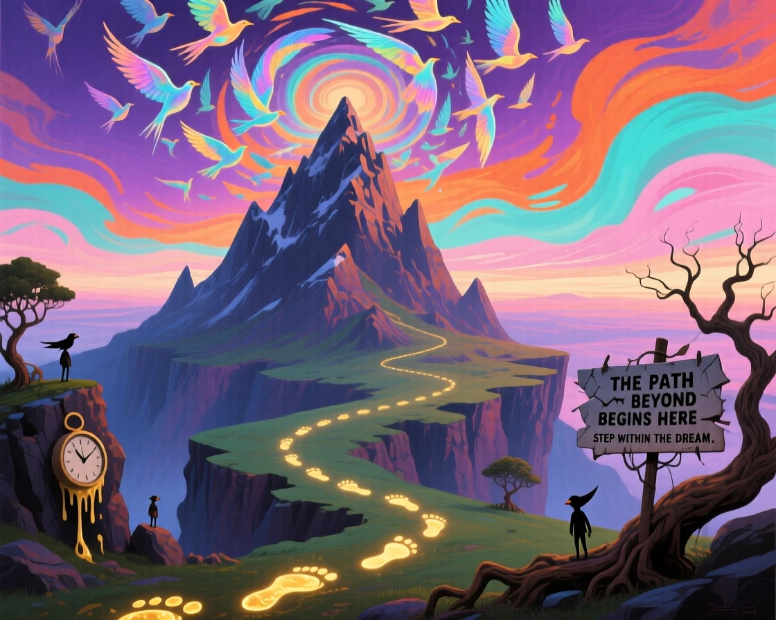A mountain whose peak dissolves slowly into a flock of birds stretches endlessly beneath a sky of shifting colors, while a trail of glowing footprints marks a path forward.