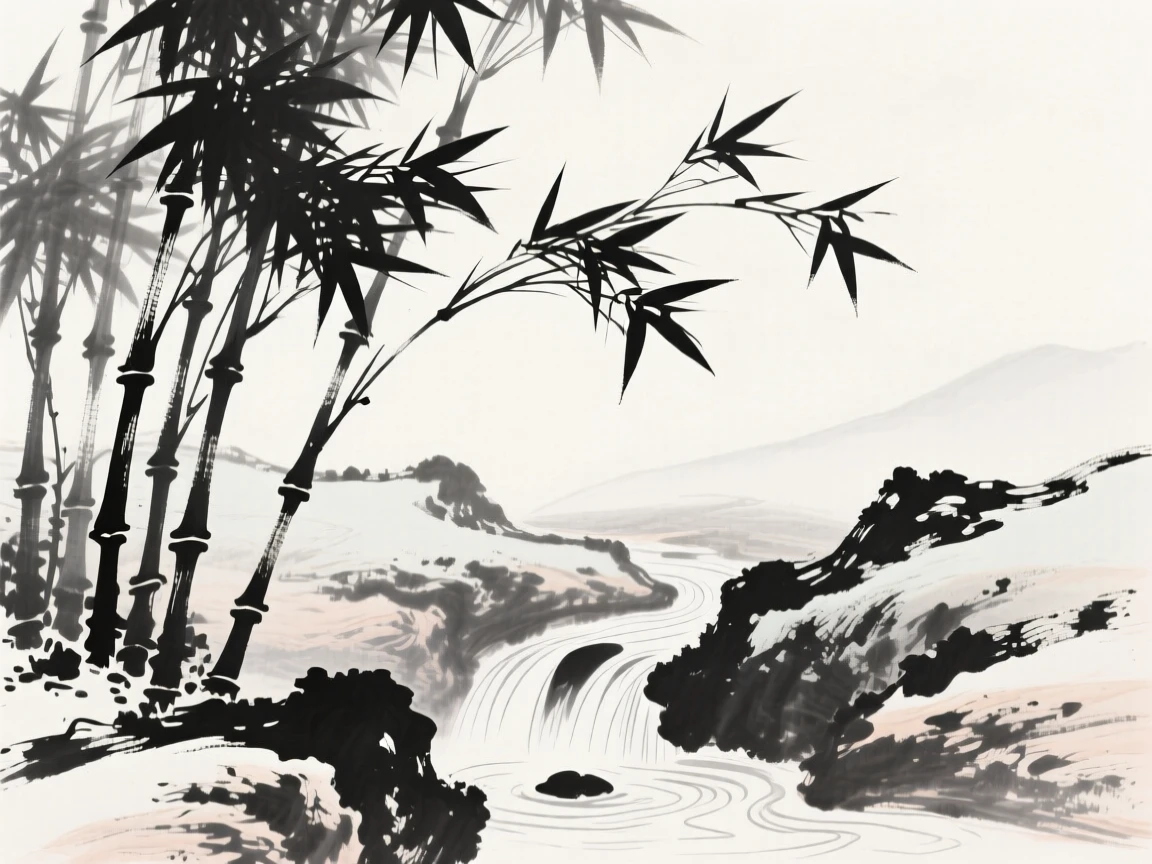 A grove of bamboo bends gracefully in a mountain breeze, beside a small trickling mountain spring.
