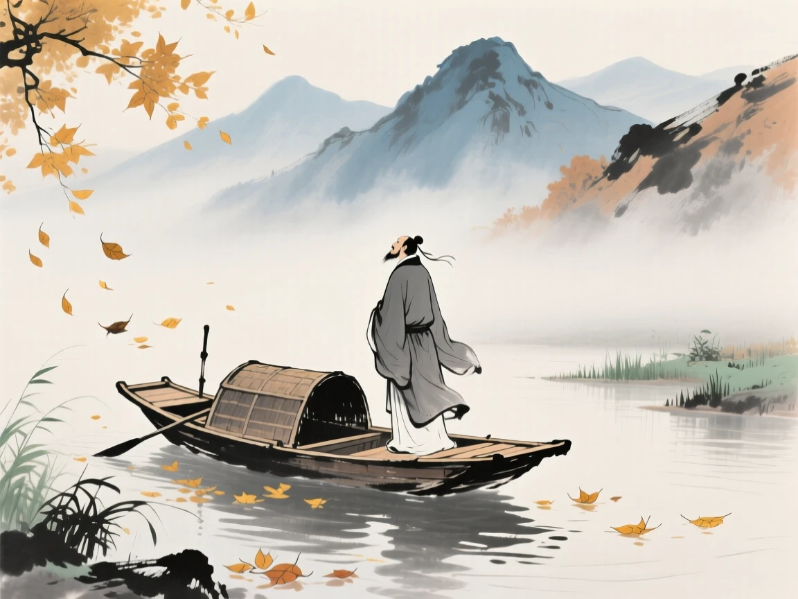A poet standing at the prow of a small boat gazing at distant peaks, as autumn leaves turn golden, radiating gentle serenity.