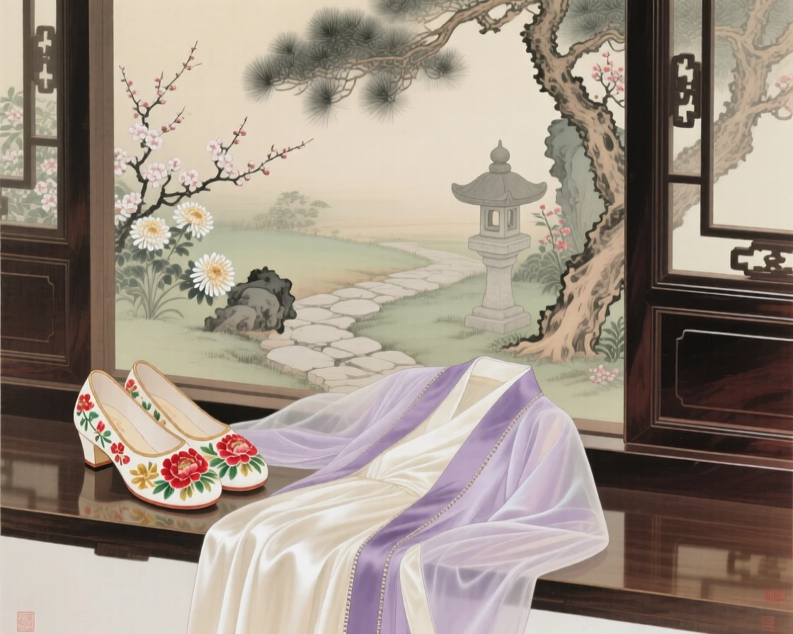 A pair of embroidered shoes beside a silk robe on a windowsill overlooking a garden