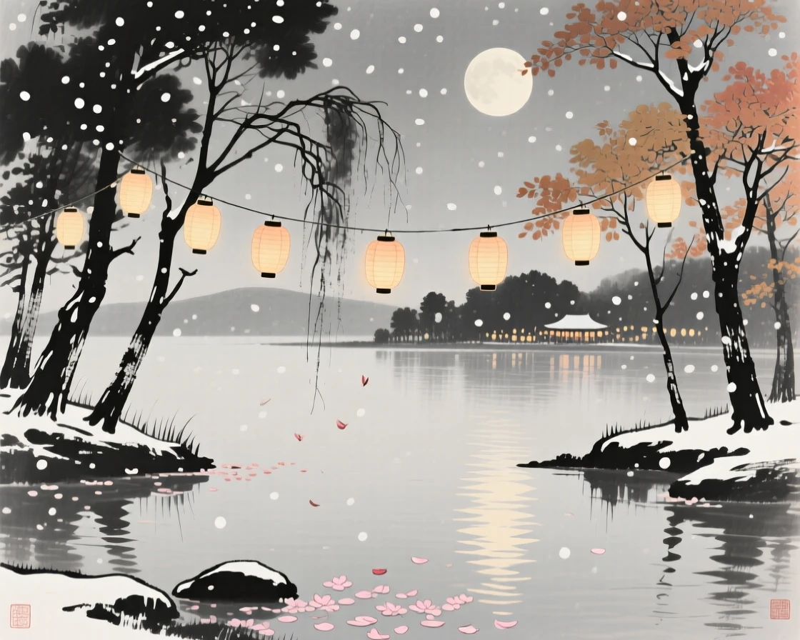 An autumn moon festival with lanterns strung between trees along the shore of a calm lake, framed through drifting petals or falling snow for depth, conveying cozy stillness and seasonal wonder.