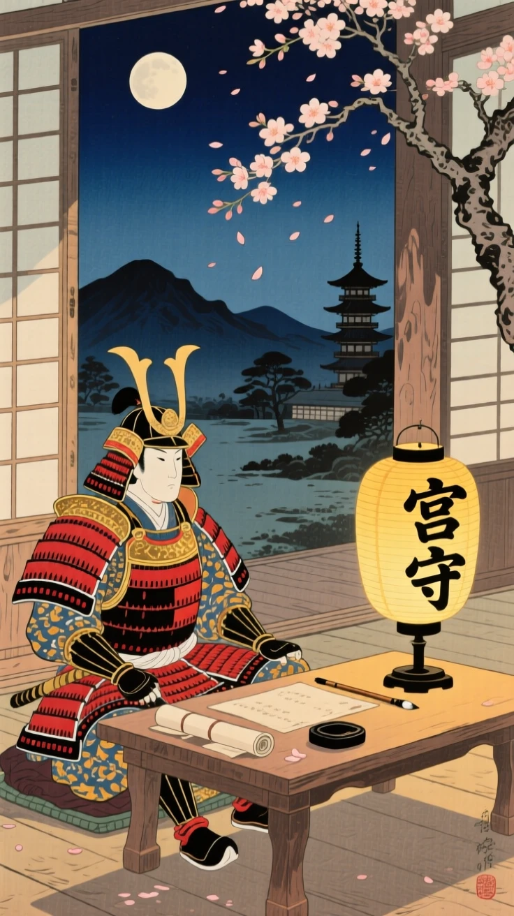 A palace guard at a lantern-lit table late at night.