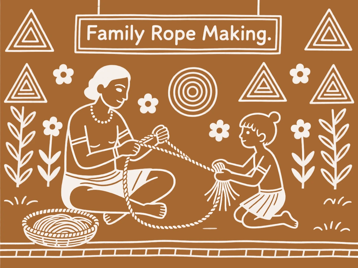 A rope maker teaching a young apprentice the family trade.