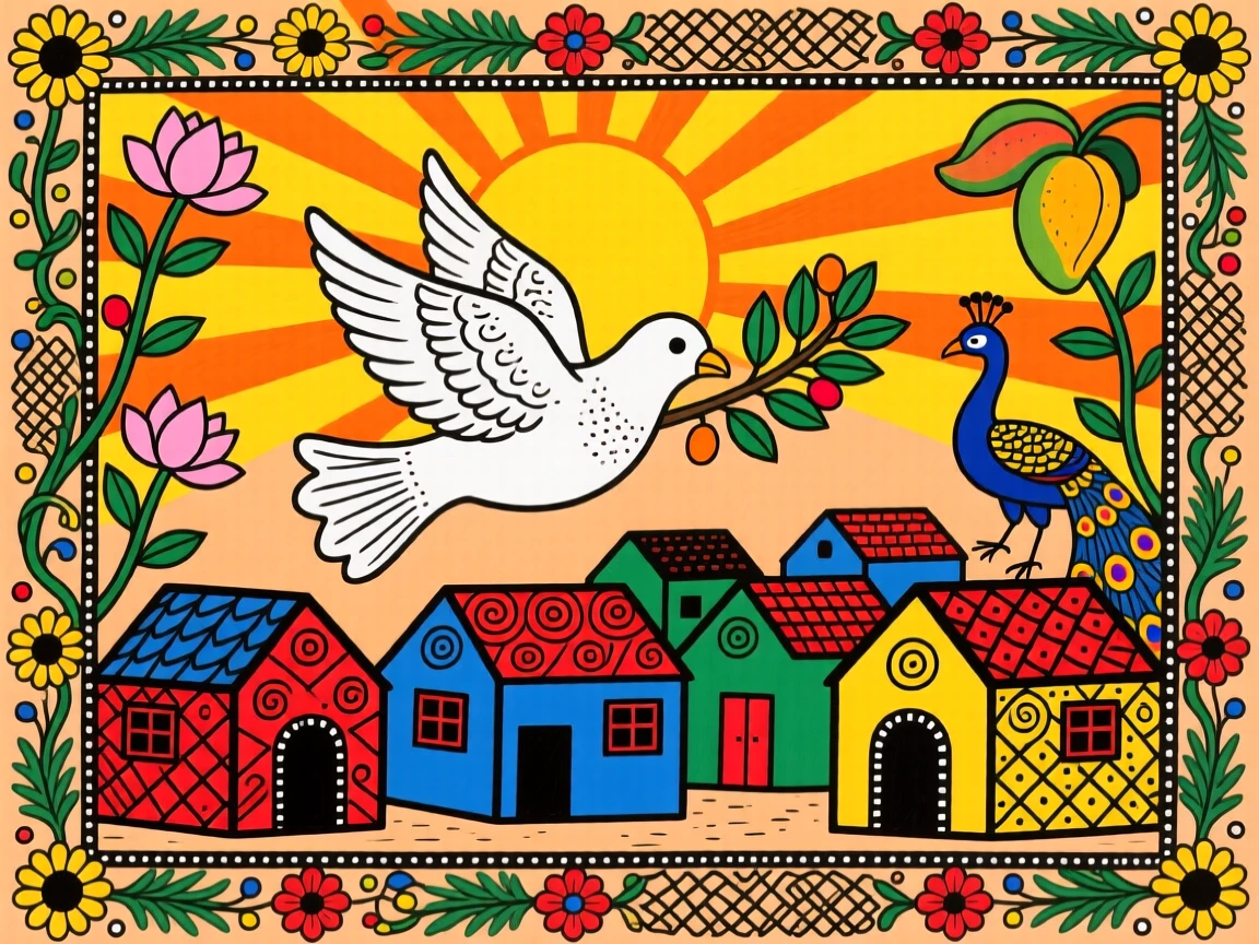 A dove carrying an olive branch over a sunlit village.