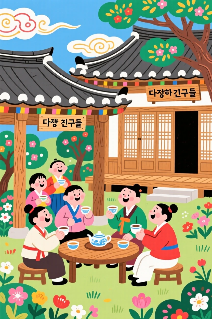 A group of friends sharing tea in a garden pavilion in front of a traditional wooden house.