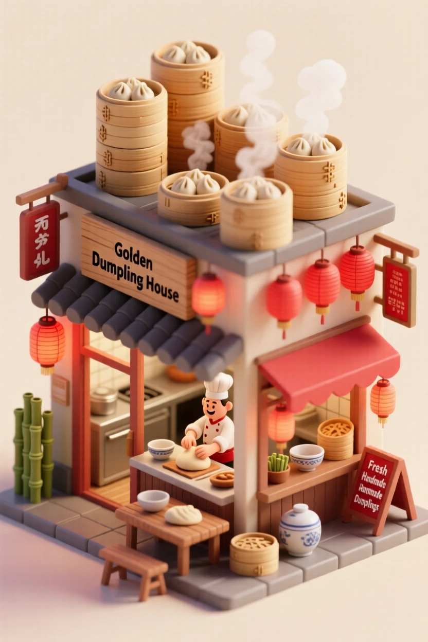 A bustling dumpling house with steam baskets stacked to the ceiling, a chef folding dough at lightning speed, and red lanterns glowing.