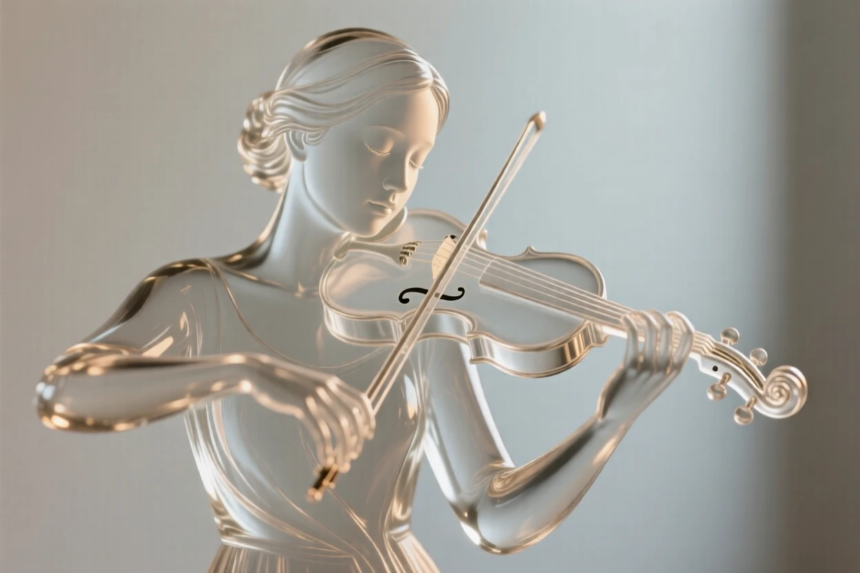 A violinist lost in the music, eyes closed set against a simple blurred background, dramatic side lighting carving out the features, mood tender and heartfelt.