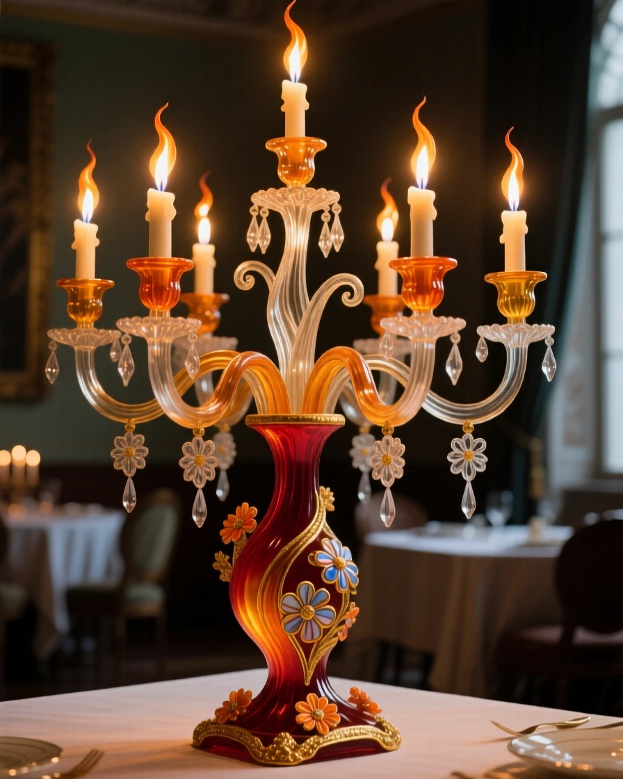 A grand candelabra with flickering flames in a quiet dining hall, elegant and moody.