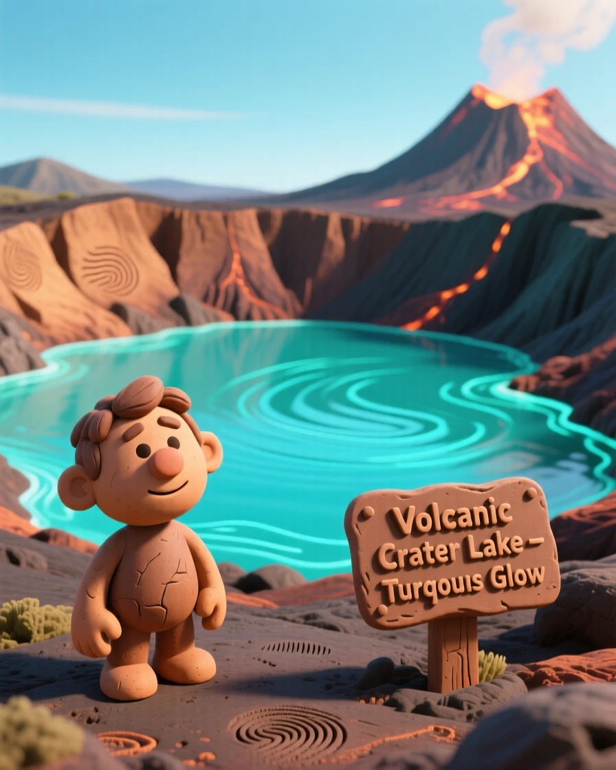 A volcanic crater lake glowing turquoise under a clear sky