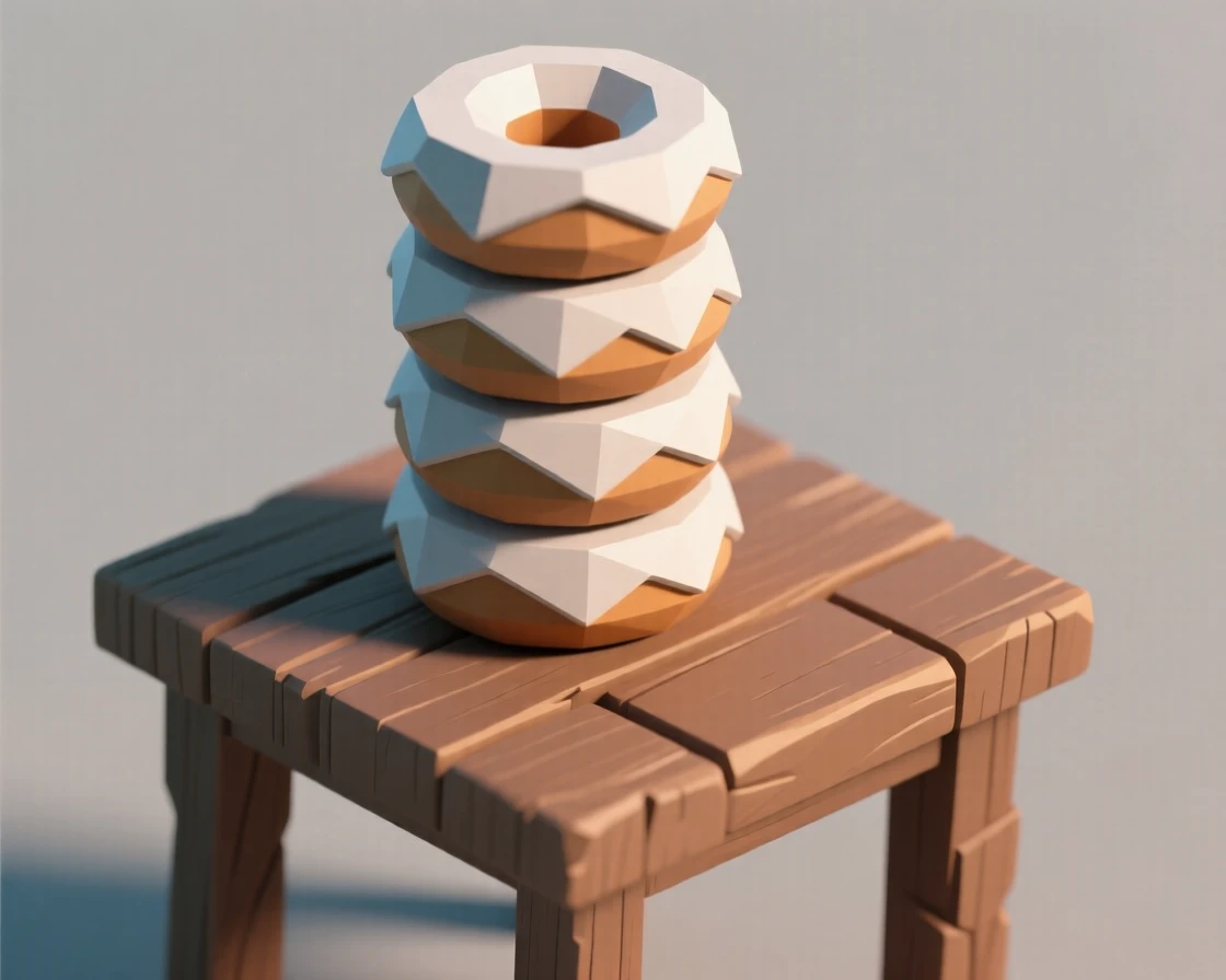 A tall stack of glazed donuts, on a rustic wooden table. vibrant colors are enhanced by careful arrangement. The setting feels indulgent and delicious.