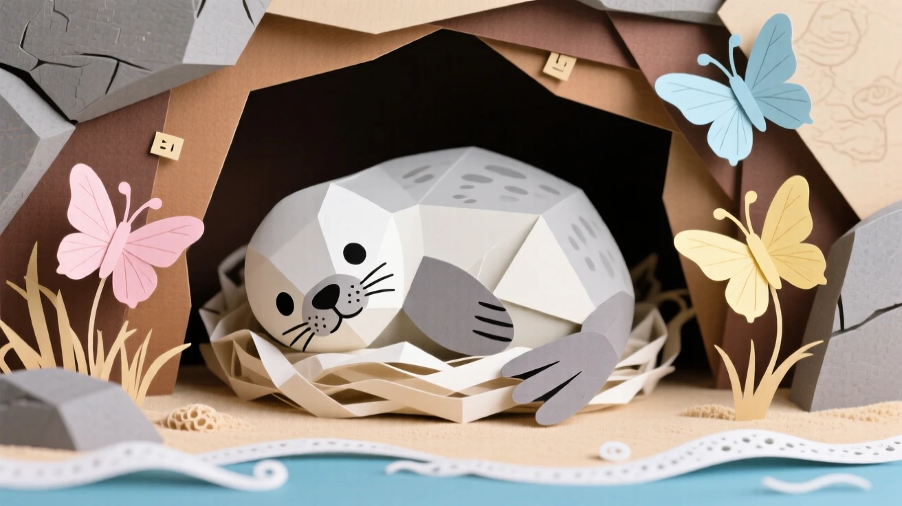 A playful seal pup curled up in a cozy den, with butterflies fluttering nearby, evoking tenderness and family bonds.