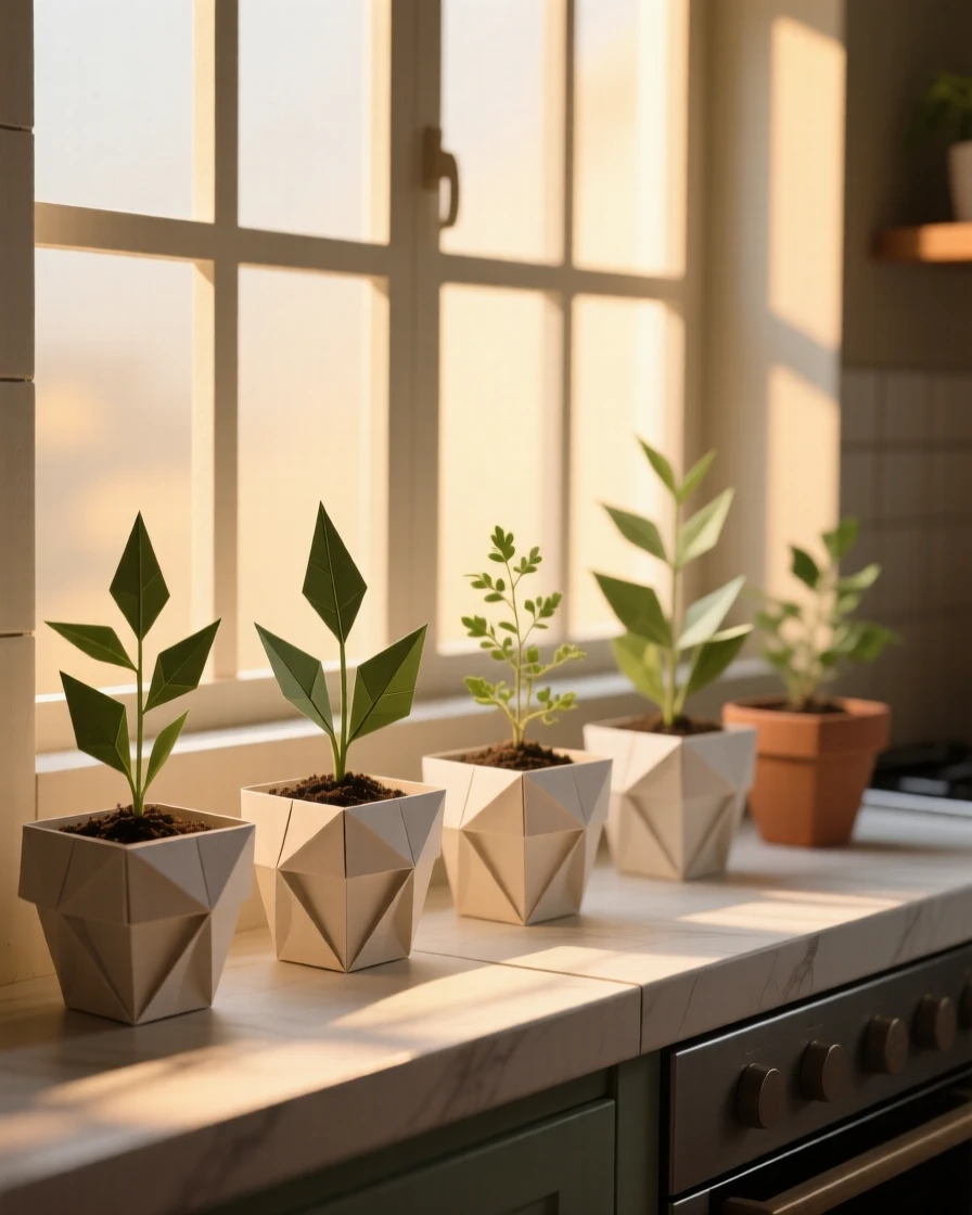 A cozy kitchen windowsill lined with herb pots catching the last light of day.