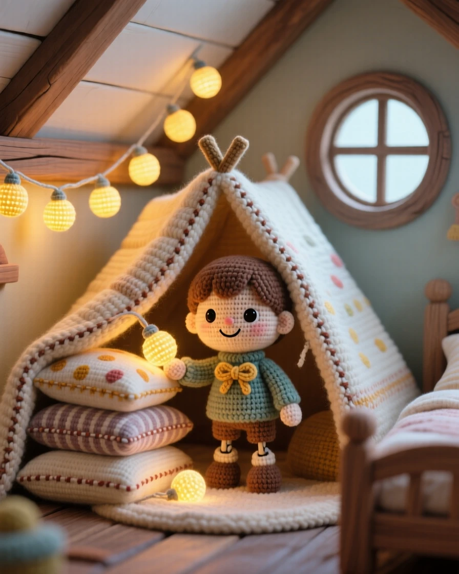 a small child building a blanket fort, with pillows stacked carefully, is shown peeking out from inside a cozy fort within a snug attic bedroom under a sloped ceiling beside a string of soft fairy lights along the wall, capturing soft nostalgic coziness.