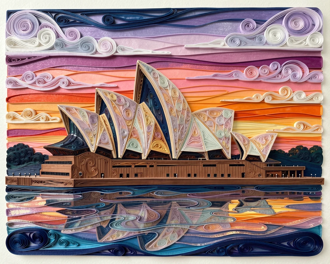 A breathtaking view of the Sydney Opera House against a vivid harbor sunset beside a calm reflective body of water, with delicate clouds streaked across the horizon, composed with the landmark as a striking central focal point.