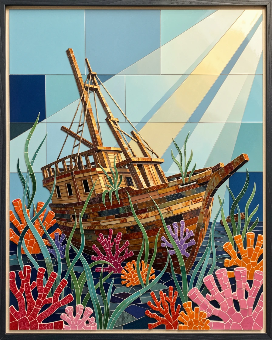 A sunken shipwreck covered in coral and swaying sea plants, illuminated by soft rays of sunlight filtering through water.