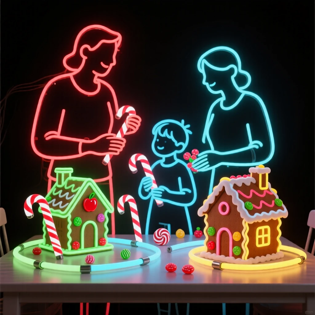 A family decorating a gingerbread village on a kitchen table.