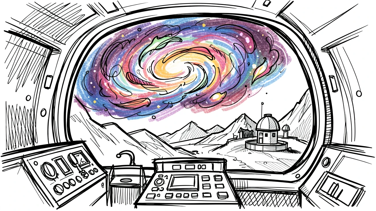 A spaceship cockpit view of a nebula above a quiet mountain observatory.