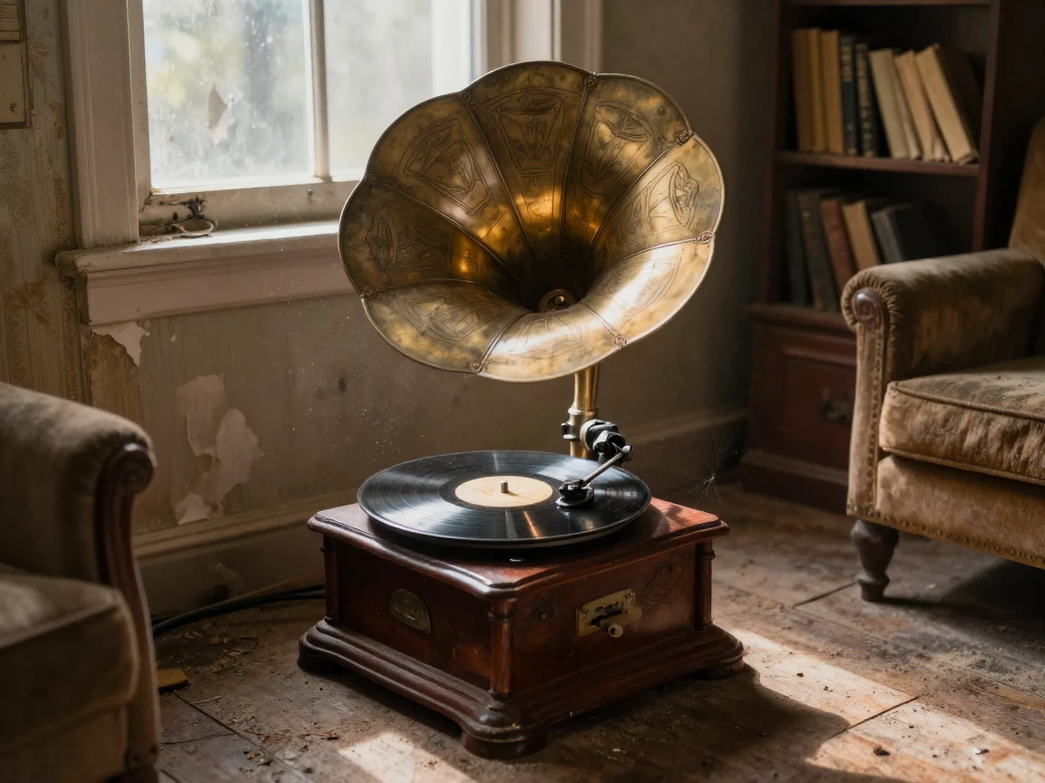 A vintage gramophone playing a record in a dusty room