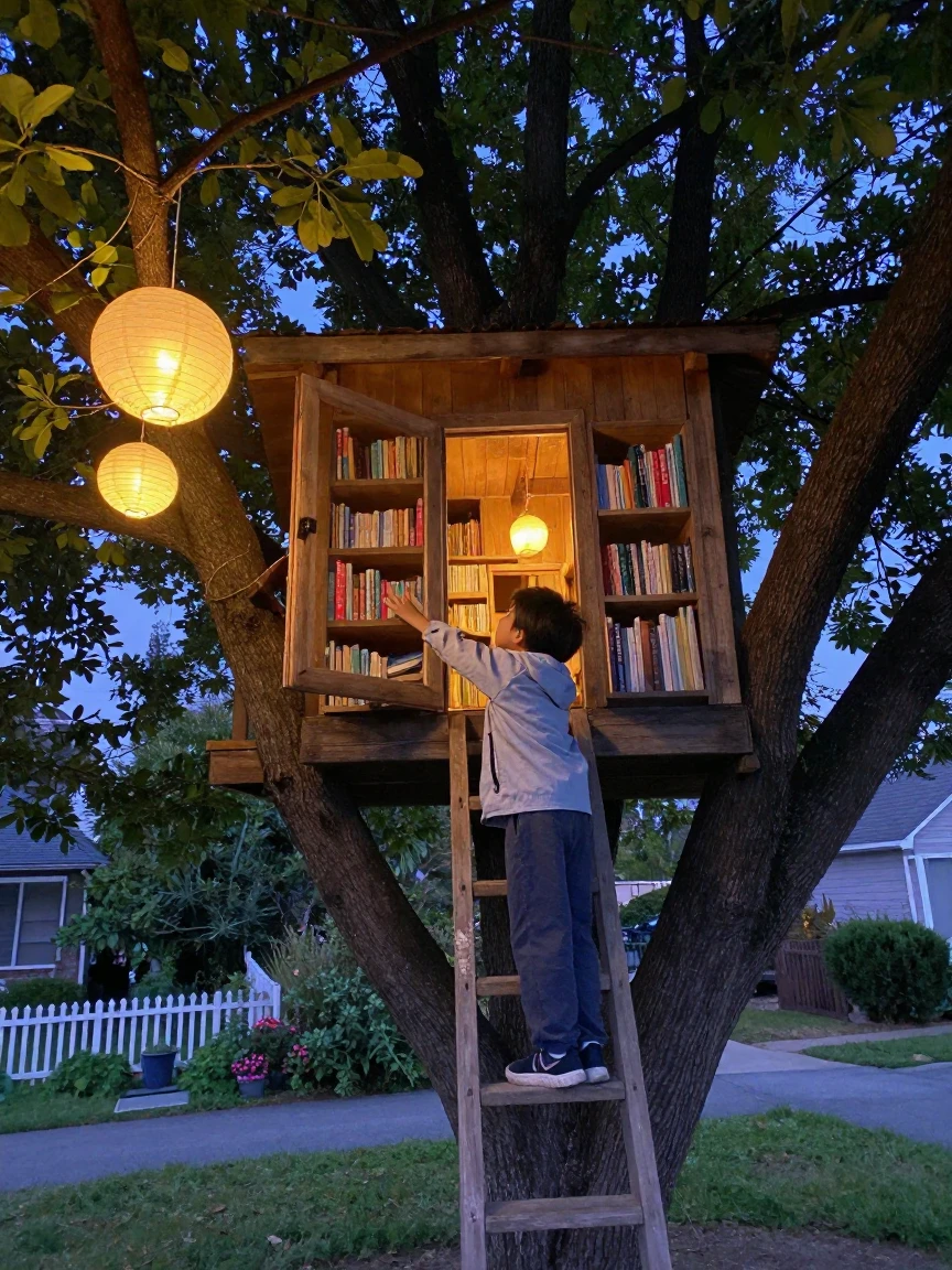 A child discovers a treehouse library nestled among glowing paper lanterns at dusk.