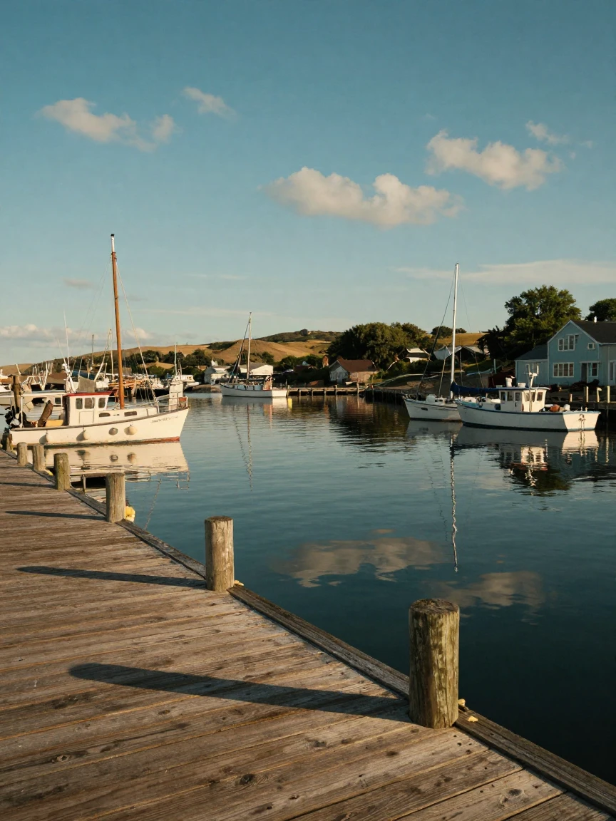 A quiet harbor, shimmering under the heat of a summer afternoon, quiet and still