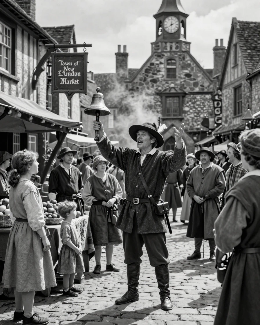 A town crier announces news in the market square in a bustling medieval town.