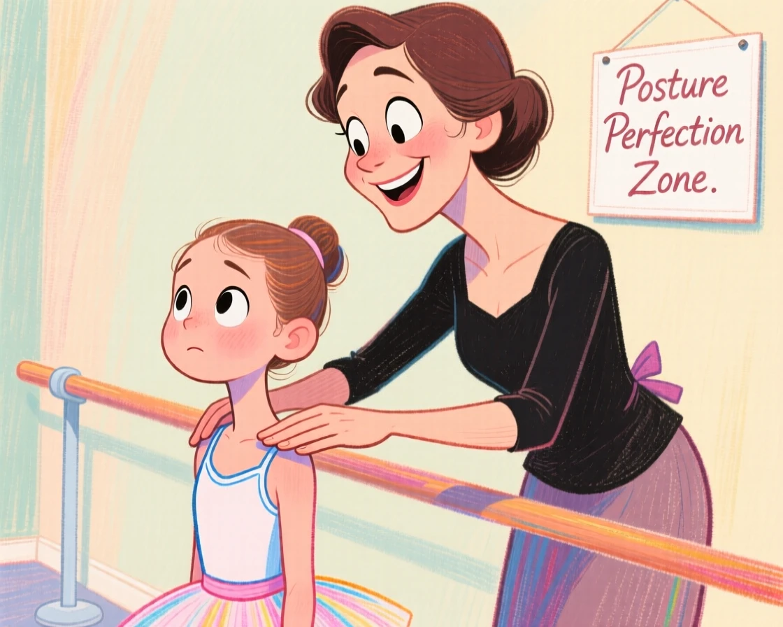 A ballet teacher correcting a young student's posture with gentle hands.
