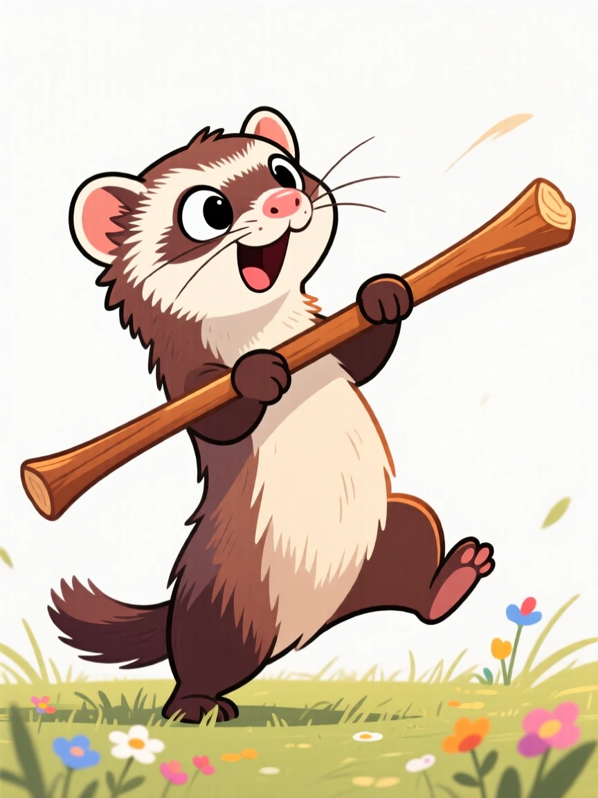 A playful pet moment featuring a curious ferret proudly carrying a stick twice its size, with ears flopping comically in the wind.