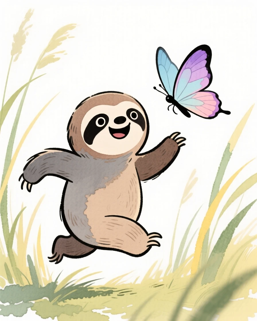 A sloth chasing a butterfly through tall grass