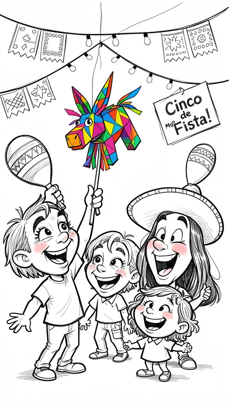 [Seasonal Holidays & Celebrations] Festive scene of a family enjoying a festive Cinco de Mayo celebration with piñatas, full of celebration and joy